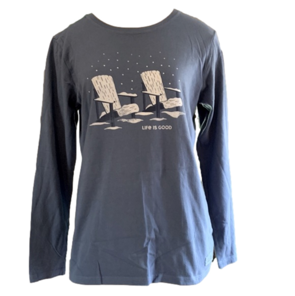 Life Is Good medium long sleeve tshirt with Adirondack chairs in snow